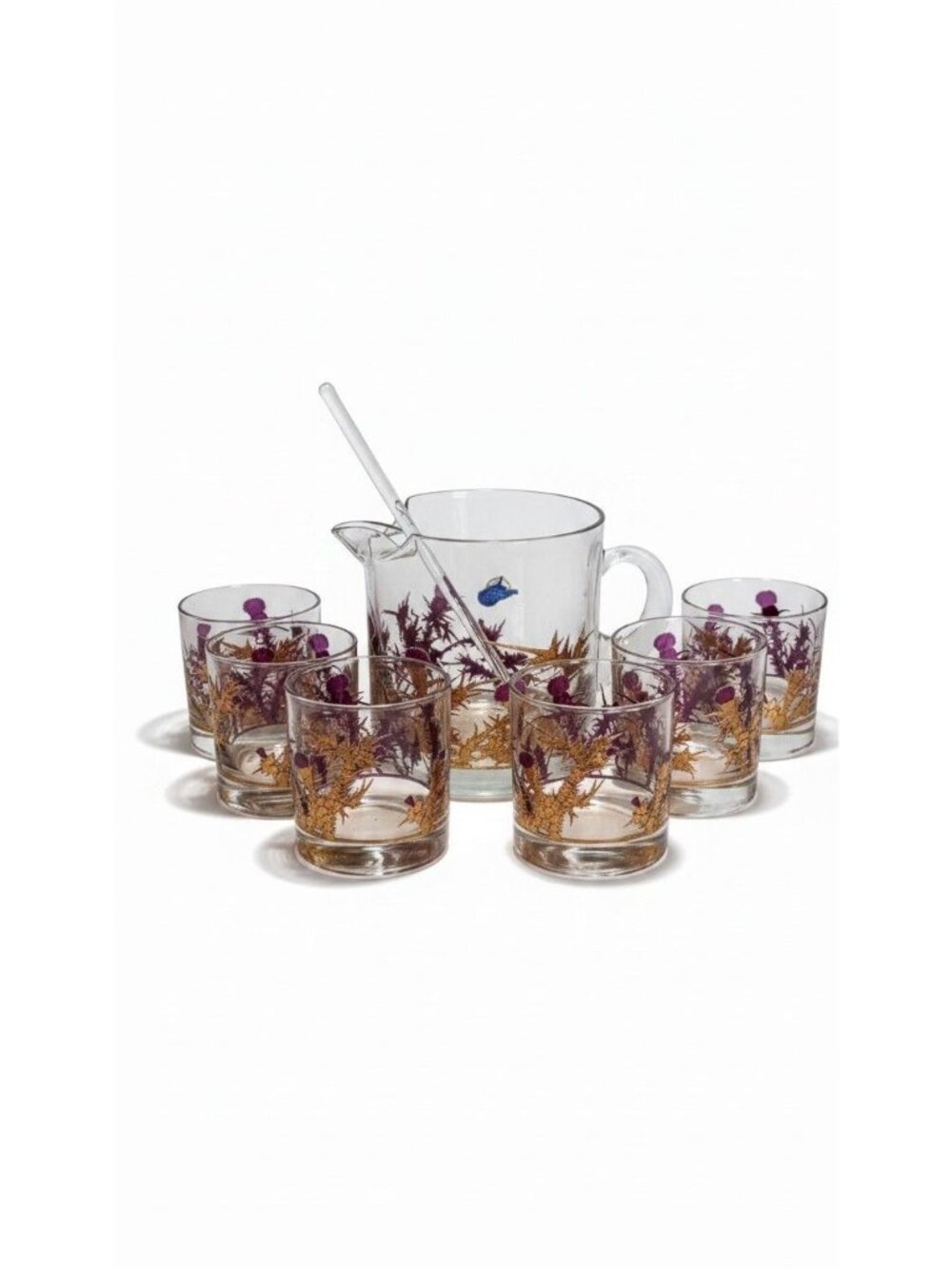 Gregory Duncan 1950s Purple Thistle 22K Gold Glass & Picher Set Of 8